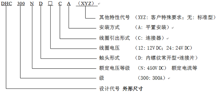 DHC300 产品型号释义 高压直流接触器 DHC300 产品型号释义