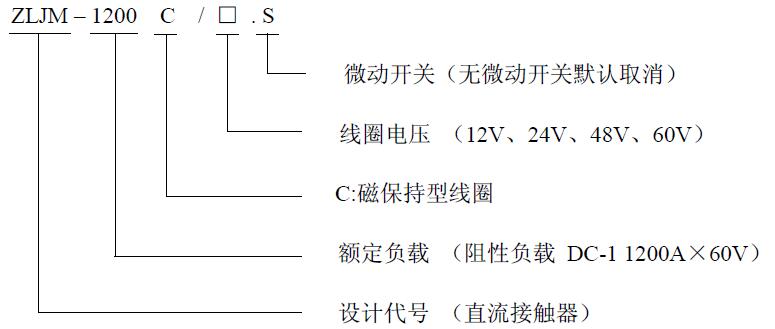 ZLJM-1200C 产品型号释义 低压直流接触器 ZLJM-1200C 产品型号释义